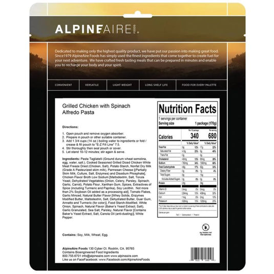 ALPINE AIRE GRILLED CHICKEN W/ SPINACH ALFREDO PASTA